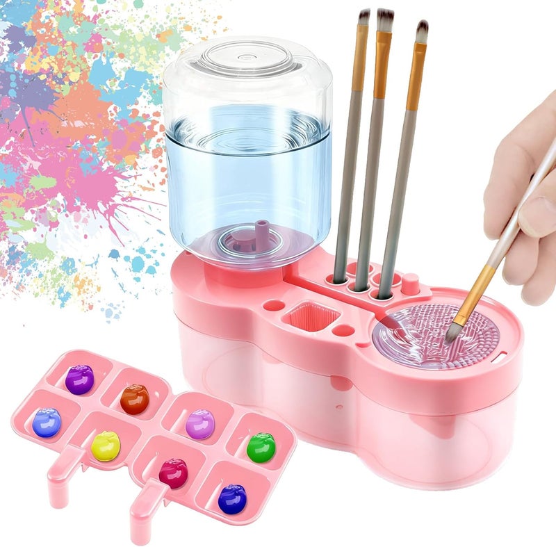 KarHoeGern 2026 Paint Brush Cleaner for Kids Water Circulation Paint with Drain Paint Water Dispenser with Palette Brush Holder Paint Brush Washer for Acrylic Painting Watercolor Art (pink) - Image 1